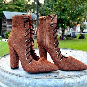 Orange Lace up glitter heeled boots pointed toe side zip